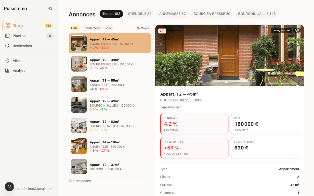 Interface d'annonces PulseImmo — évaluez vos annonces immobilières